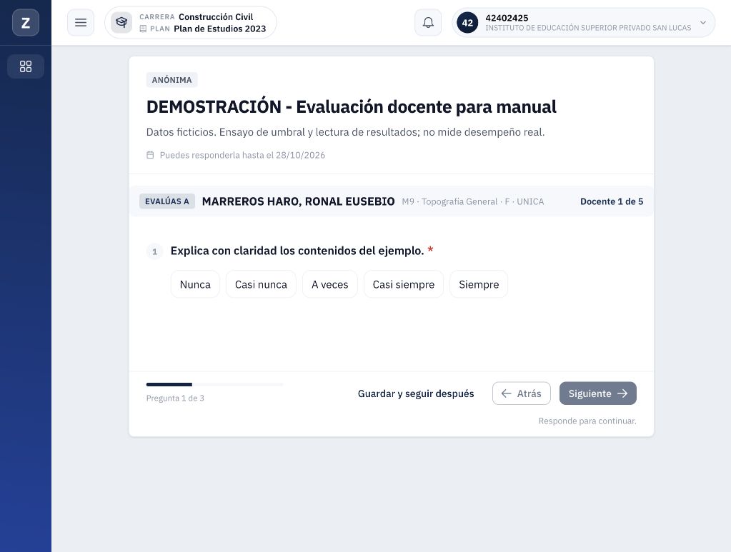 Vista del alumno: el formulario identifica al docente evaluado y su curso.
