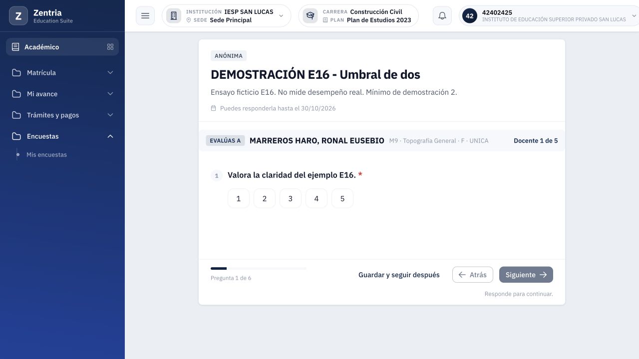 Formulario del alumno: docente evaluado, sección de referencia y contador Docente 1 de 5; una participación sobre este docente.