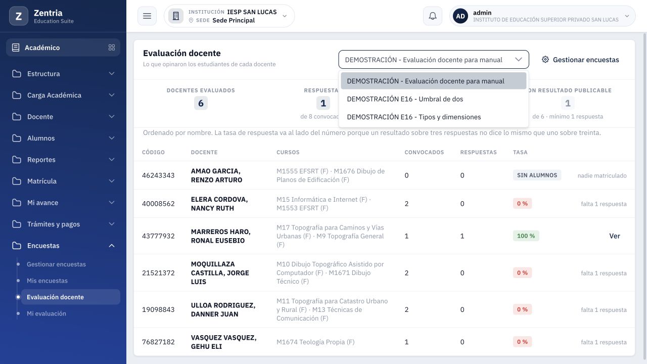 Selector del área administrativa con tres evaluaciones independientes disponibles.
