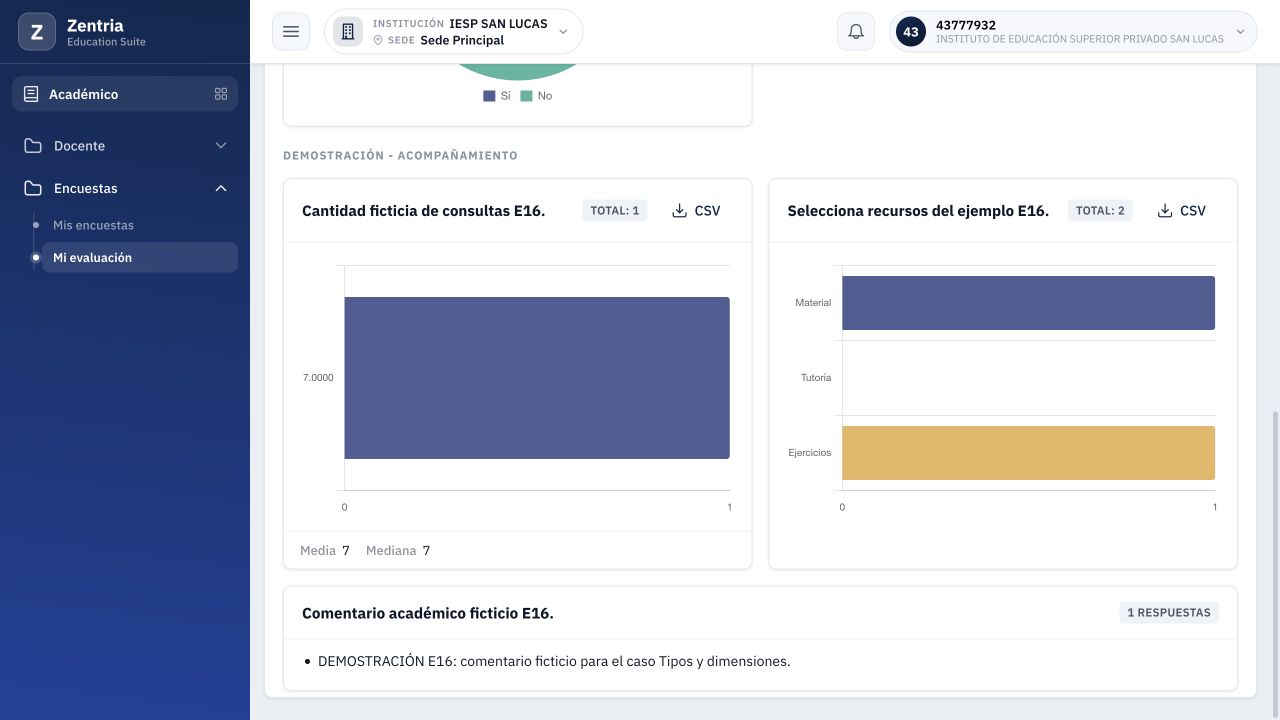 Detalle de la dimensión Acompañamiento: selección múltiple y comentario ficticio con una respuesta.