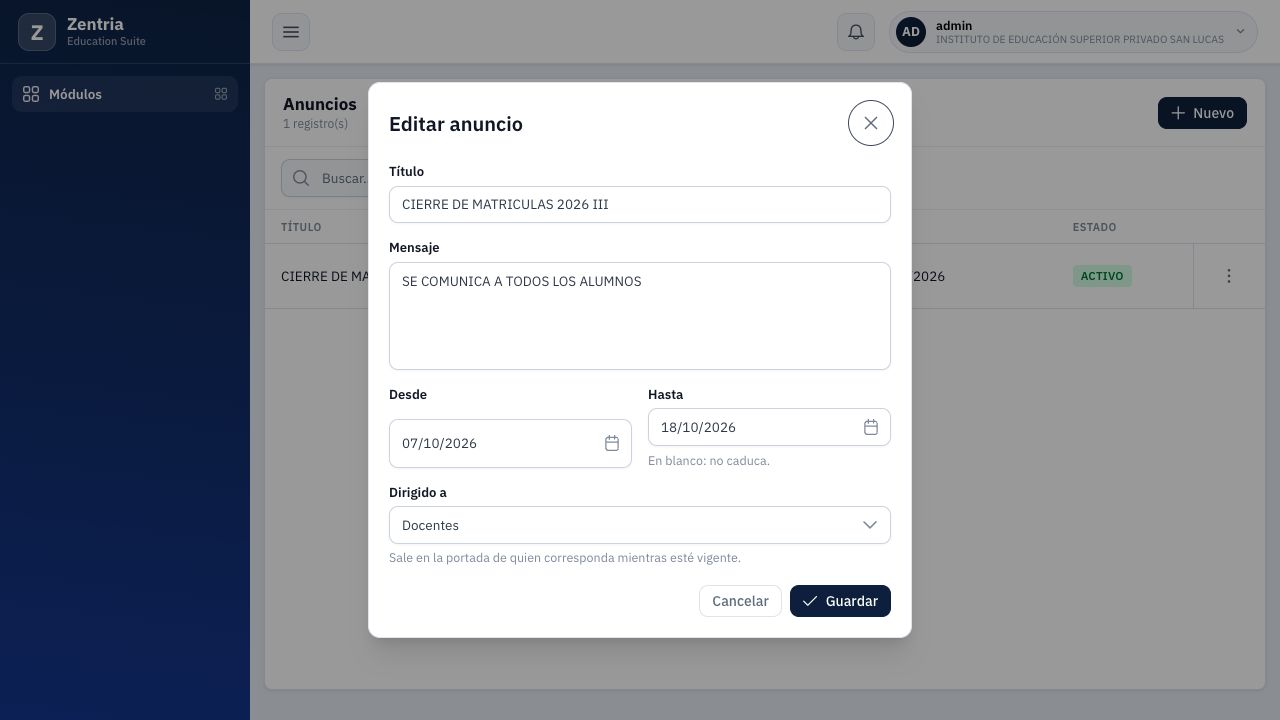 Formulario de edición consultado sin cambiar ni guardar el anuncio. Compruebe título, mensaje, fechas y destinatario antes de operar.