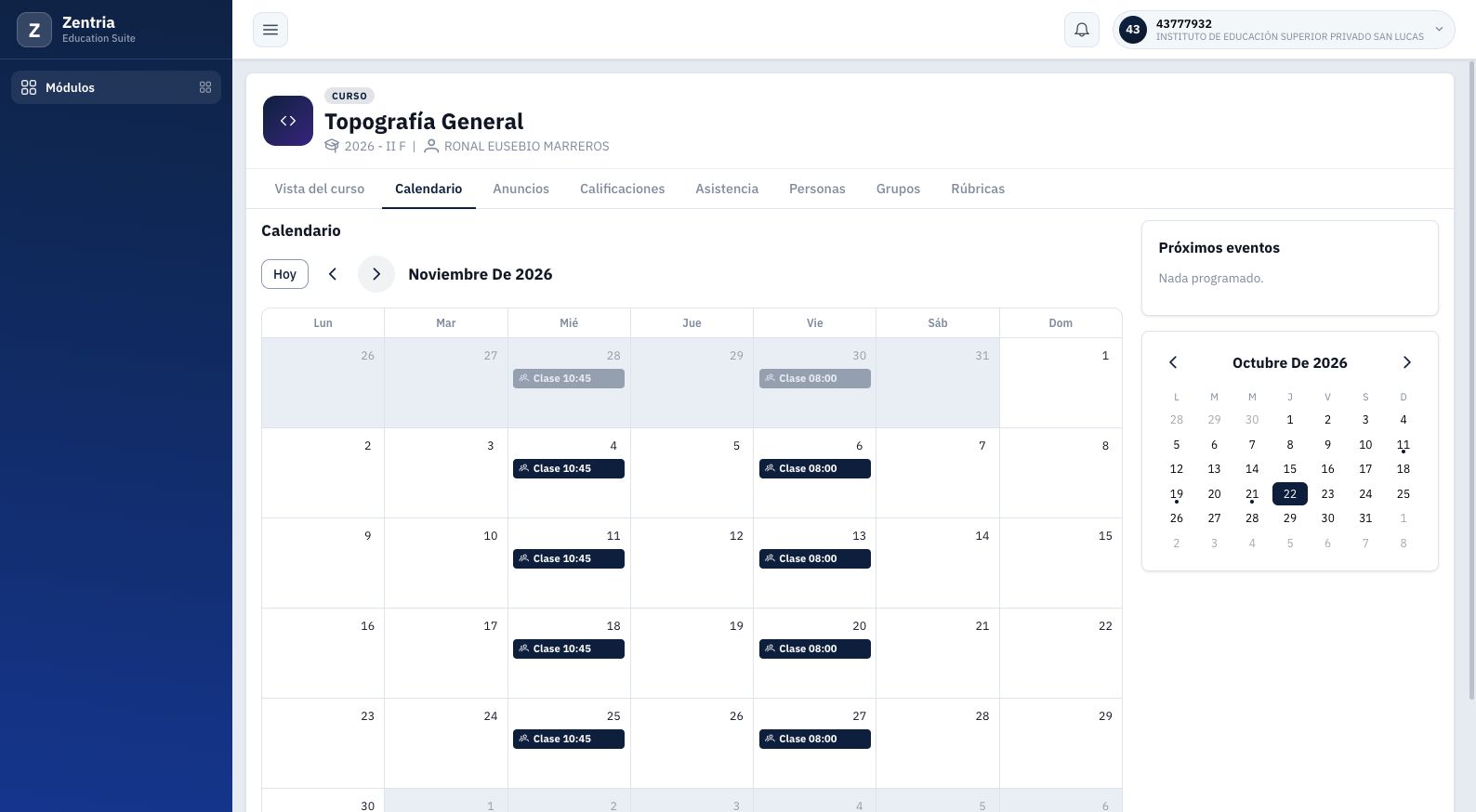 Calendario principal en noviembre con clases recurrentes; minicalendario lateral todavía en octubre.