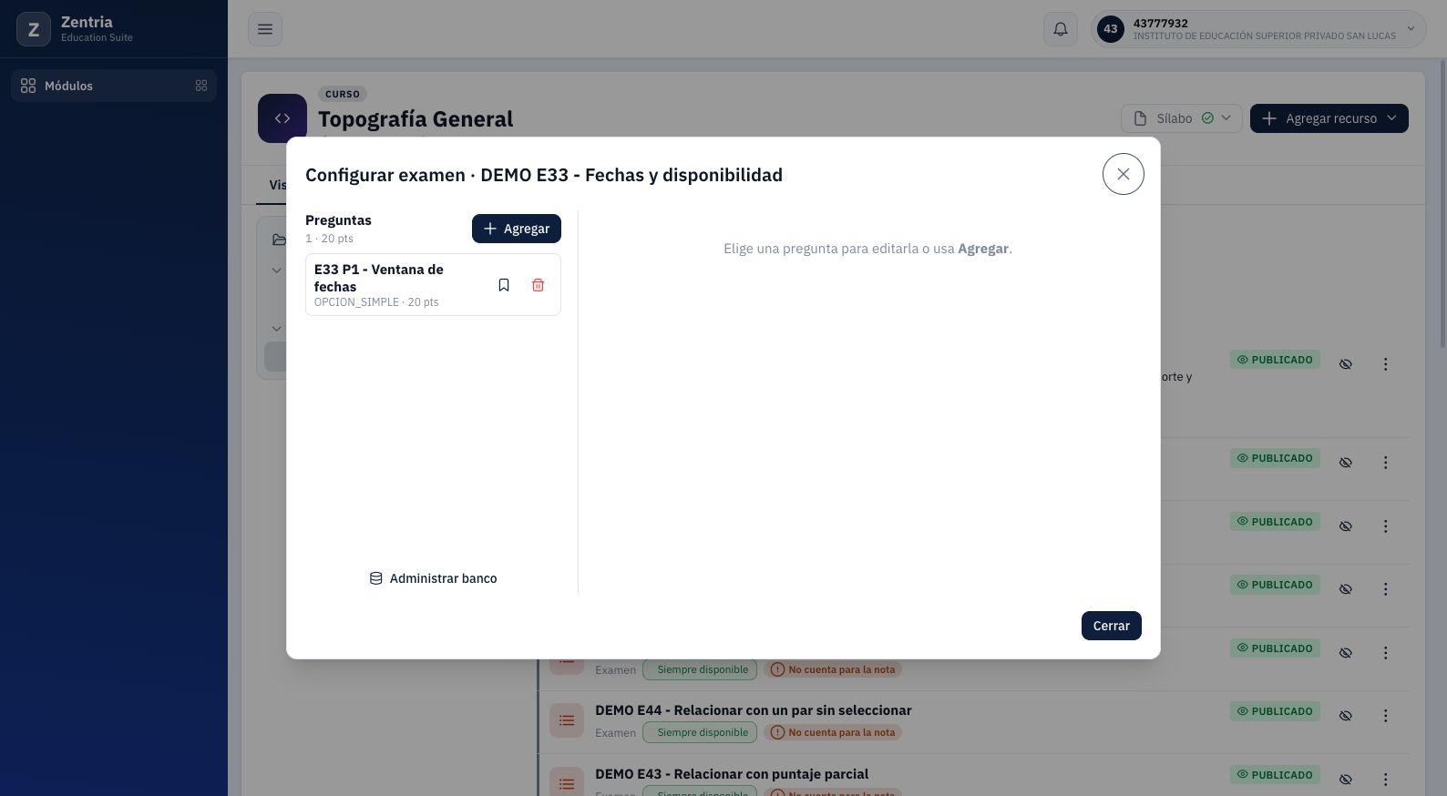 Destino del evento E33 desde docente: configuración del examen existente, consultada sin modificaciones.