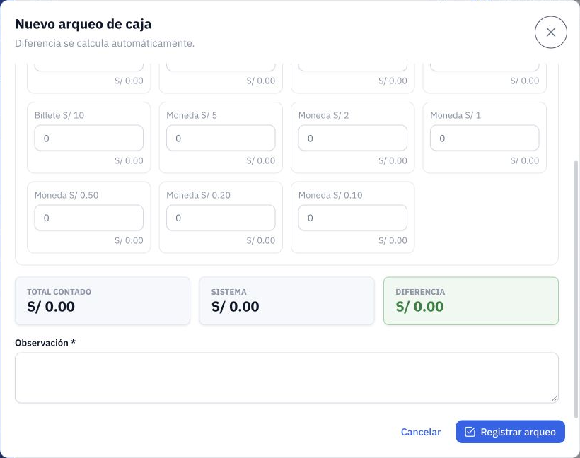 Total contado, sistema, diferencia y observación obligatoria.