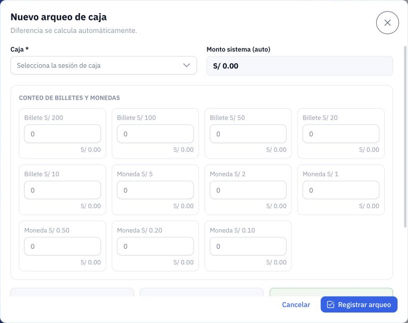 Nuevo arqueo: selección de caja y conteo por denominación.