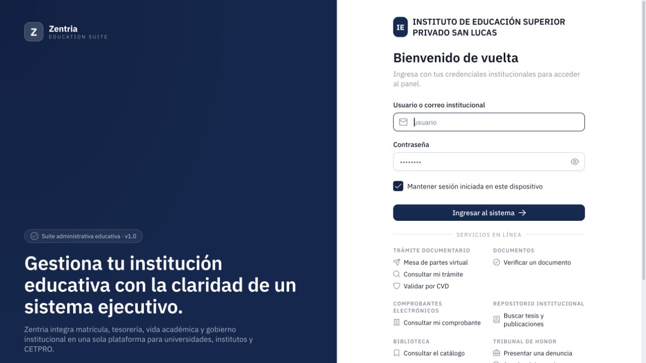 Pantalla de acceso: identificación institucional, usuario, contraseña y botón Ingresar al sistema.