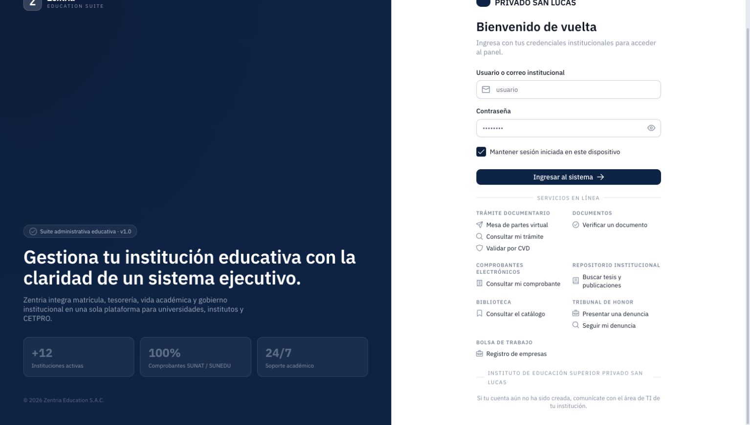 Vista inferior del acceso: diez enlaces agrupados en Trámite documentario, Documentos, Comprobantes electrónicos, Repositorio institucional, Biblioteca, Tribunal de Honor y Bolsa de trabajo.