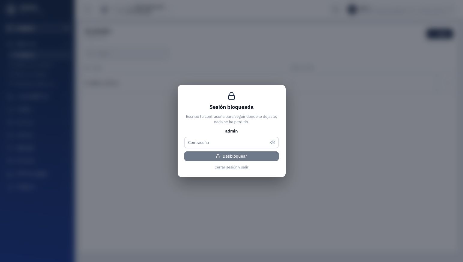 Bloqueo manual comprobado: identificador de la cuenta, campo Contraseña, botón Desbloquear y enlace Cerrar sesión y salir.
